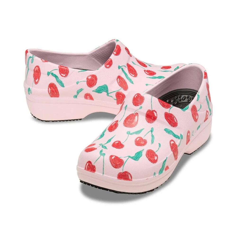 New!‎ Crocs Neria Pro II Literide Women's Work Clogs 7 W7 Pink Milk Cherry Print